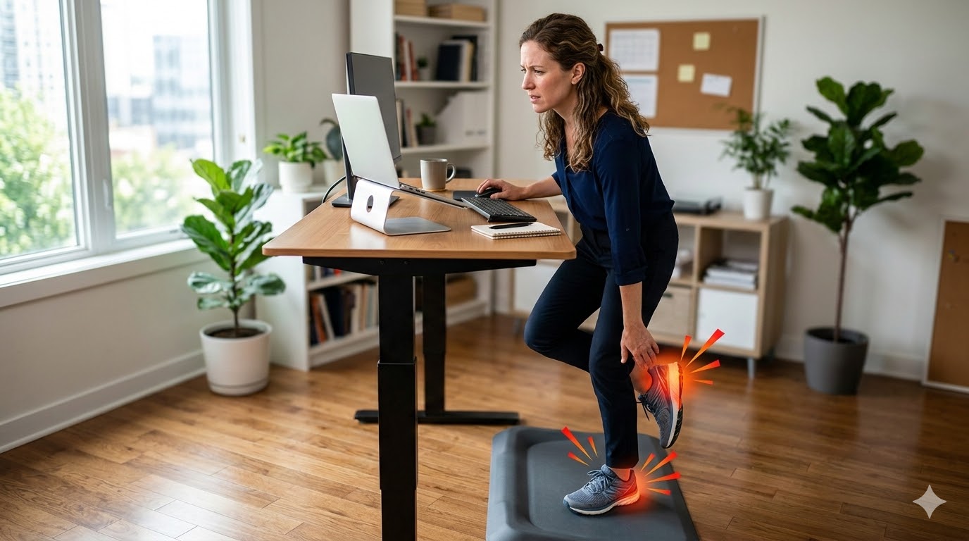 אישה עובדת על שולחן עמידה וסובל מכאבי דורבן